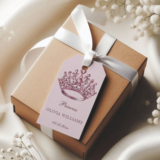 ピンクかわいらしプリンセスクラウンエレガントバースデーパーティー ギフトタグ