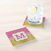 ピンクかわいらしプリンセスクラウン&金ゴールドグリッターストライプ ガラスコースター (アングル)