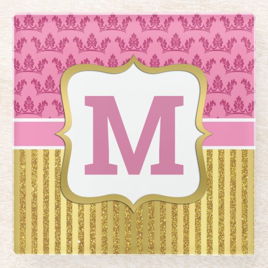 ピンクかわいらしプリンセスクラウン&金ゴールドグリッターストライプ ガラスコースター (正面)