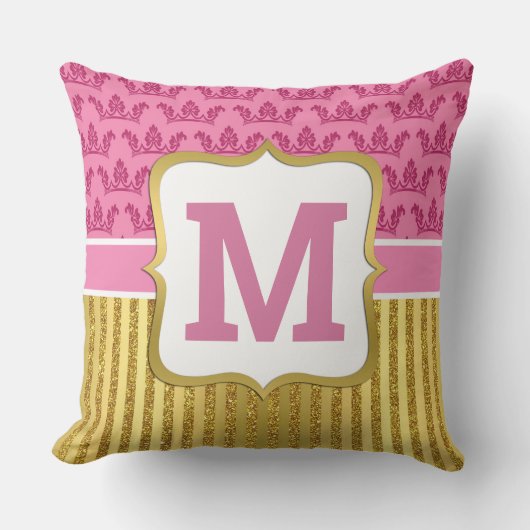 ピンクかわいらしプリンセスクラウン&金ゴールドグリッターストライプ クッション (正面)