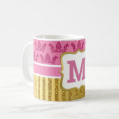 ピンクかわいらしプリンセスクラウン&金ゴールドグリッターストライプ コーヒーマグカップ (正面左)