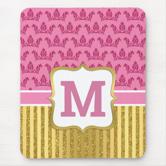 ピンクかわいらしプリンセスクラウン&金ゴールドグリッターストライプ マウスパッド (正面)