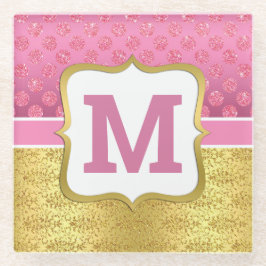 ピンクかわいらしプリンセスグリッタードット&金ゴールドアールデコ ガラスコースター