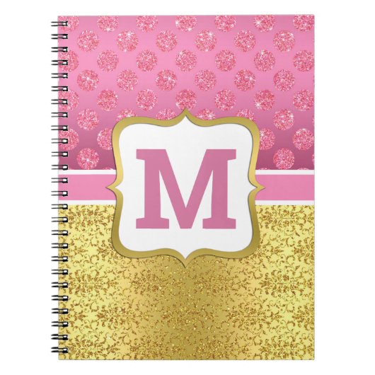 ピンクかわいらしプリンセスグリッタードット&金ゴールドアールデコ ノートブック (正面)