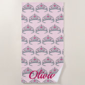 ピンクかわいらしプリンセスジュエルティアラクラウンロイヤリティ ビーチタオル (正面)