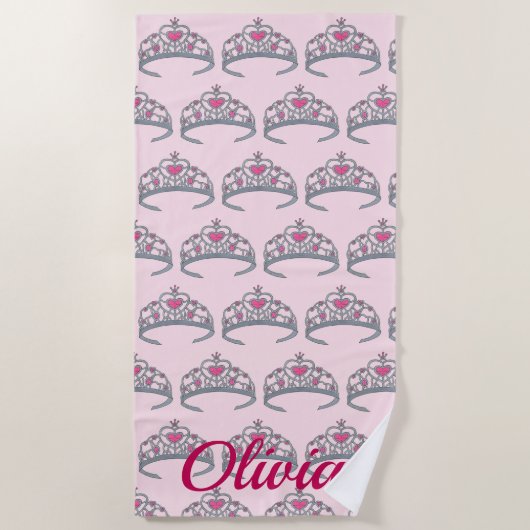 ピンクかわいらしプリンセスジュエルティアラクラウンロイヤリティ ビーチタオル (正面)