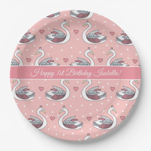ピンクかわいらしプリンセススワンズベビーガール1st誕生日 ペーパープレート (正面)