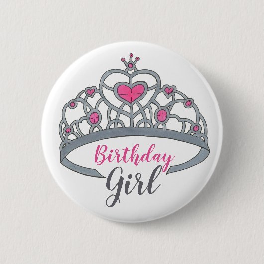 ピンクかわいらしプリンセスティアラ誕生日パーティーガール 缶バッジ (正面)