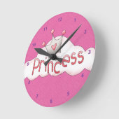 ピンクかわいらしプリンセス&クラウンオンクラウド ラウンド壁時計 (傾斜)