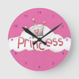 ピンクかわいらしプリンセス&クラウンオンクラウド ラウンド壁時計