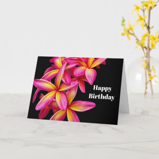 ピンクかわいらしプルメリアフローラフォト誕生日 カード (黄色い花)