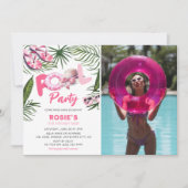 ピンクかわいらしプールパーティーガールフォト誕生日 招待状 (正面)