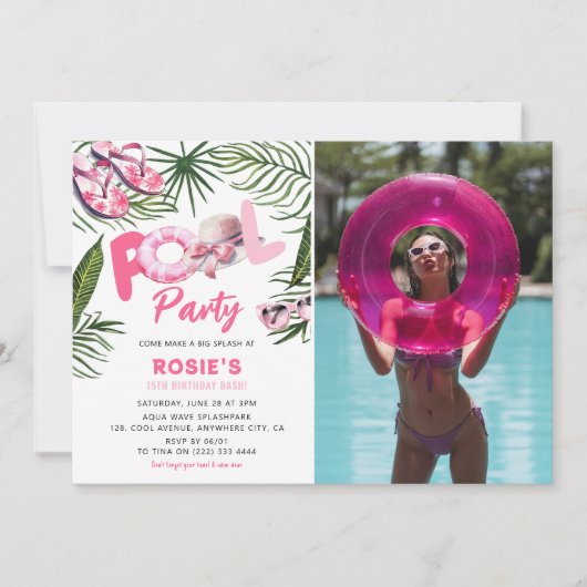 ピンクかわいらしプールパーティーガールフォト誕生日 招待状 (正面)