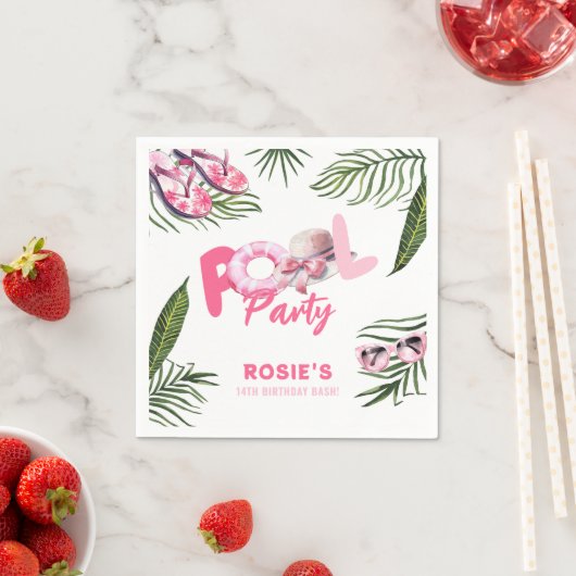 ピンクかわいらしプールパーティーガール誕生日 スタンダードカクテルナプキン (インサイチュ)