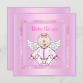 ピンクかわいらしベビーエンジェルベビーシャワー 招待状 (正面/裏面)