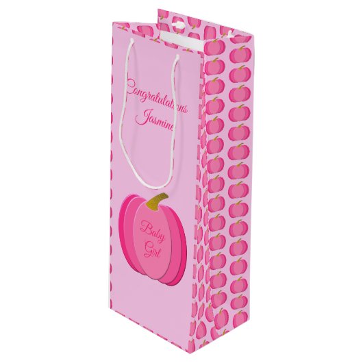 ピンクかわいらしベビーガールカボチャカスタム新生児 ワインギフトバッグ (正面アングル)