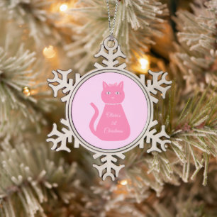 ピンクかわいらしベビーガールキャットカスタム初めてのクリスマス スノーフレークピューターオーナメント
