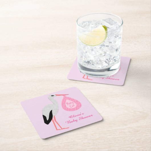 ピンクかわいらしベビーガールストークベビーシャワーカスタム スクエアペーパーコースター (インサイチュ)