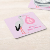 ピンクかわいらしベビーガールストークベビーシャワーカスタム スクエアペーパーコースター (アングル)