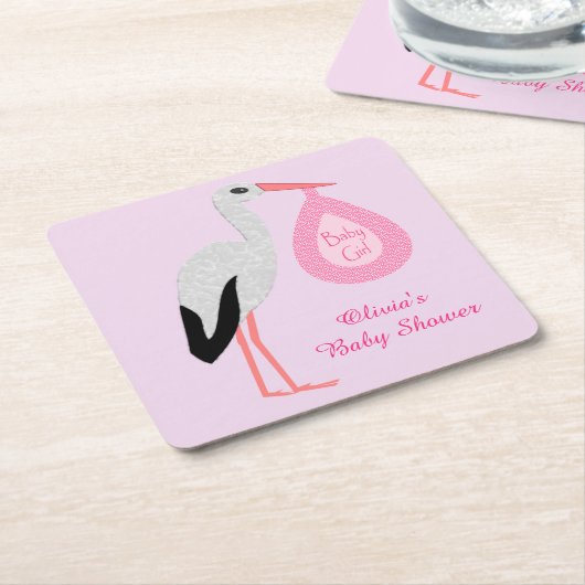 ピンクかわいらしベビーガールストークベビーシャワーカスタム スクエアペーパーコースター (アングル)