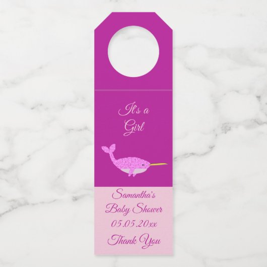 ピンクかわいらしベビーガールNARWHALベビーシャワーカスタム ボトルネックタグ (正面)