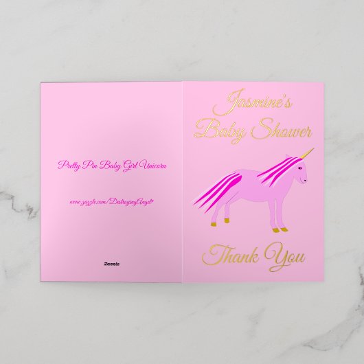 ピンクかわいらしベビーガールUnicornベビーシャワーカスタム 箔グリーティングカード (外側レイダウン)