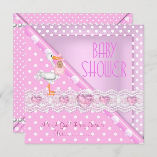 ピンクかわいらしベビーシャワーガールベビー水玉模様 招待状 (正面/裏面)