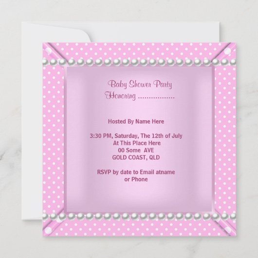 ピンクかわいらしベビーシャワーガールベビー水玉模様 招待状 (裏面)