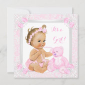 ピンクかわいらしベビーシャワーガールレースベアブロンドベビー 招待状 (正面)