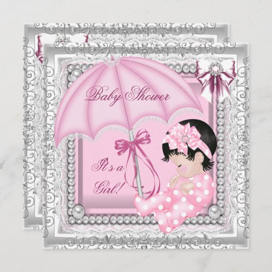 ピンクかわいらしホワイトかわいい女の子の赤ちゃんシャワーレース 招待状 (正面/裏面)