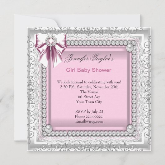 ピンクかわいらしホワイトかわいい女の子の赤ちゃんシャワーレース 招待状 (裏面)