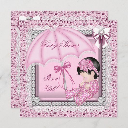 ピンクかわいらしホワイトかわいい女の子の赤ちゃんシャワー 招待状 (正面/裏面)