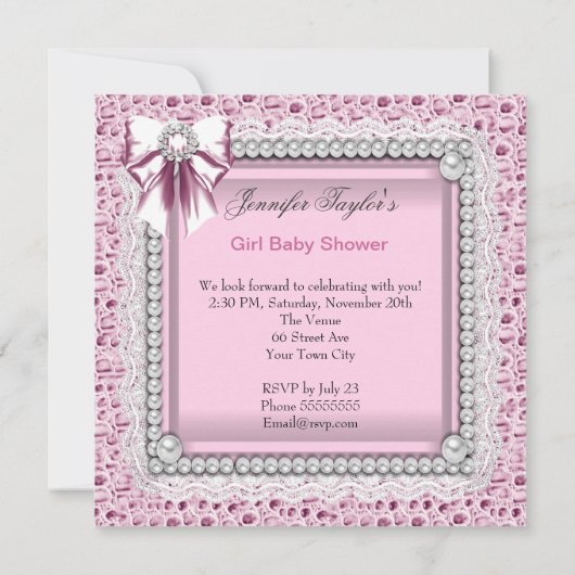 ピンクかわいらしホワイトかわいい女の子の赤ちゃんシャワー 招待状 (裏面)