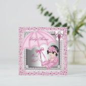 ピンクかわいらしホワイトガールベビーシャワー 招待状 (スタンド正面)