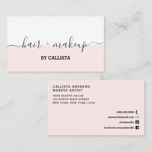 ピンクかわいらしホワイトスクリプトヘアメイクアップ名刺 名刺 (正面/裏面)