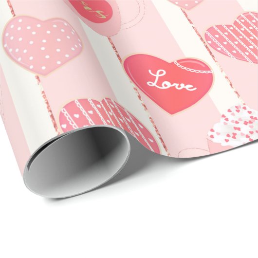 ピンクかわいらしホワイトストライプハートバレンタインデー ラッピングペーパー (ロールコーナー)