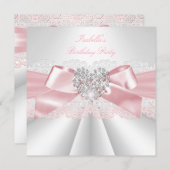 ピンクかわいらしホワイトダイヤモンドハート誕生日パーティー 招待状 (正面/裏面)