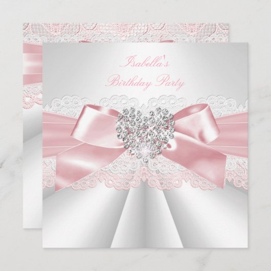 ピンクかわいらしホワイトダイヤモンドハート誕生日パーティー 招待状 (正面/裏面)