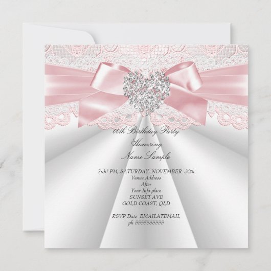 ピンクかわいらしホワイトダイヤモンドハート誕生日パーティー 招待状