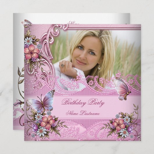 ピンクかわいらしホワイトバタフライフラワーバースデーパーティー 招待状 (正面/裏面)