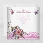 ピンクかわいらしホワイトバタフライフラワーバースデーパーティー 招待状 (裏面)