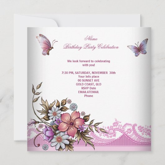 ピンクかわいらしホワイトバタフライフラワーバースデーパーティー 招待状 (裏面)