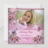 ピンクかわいらしホワイトバタフライフラワーバースデーパーティー 招待状 (正面)