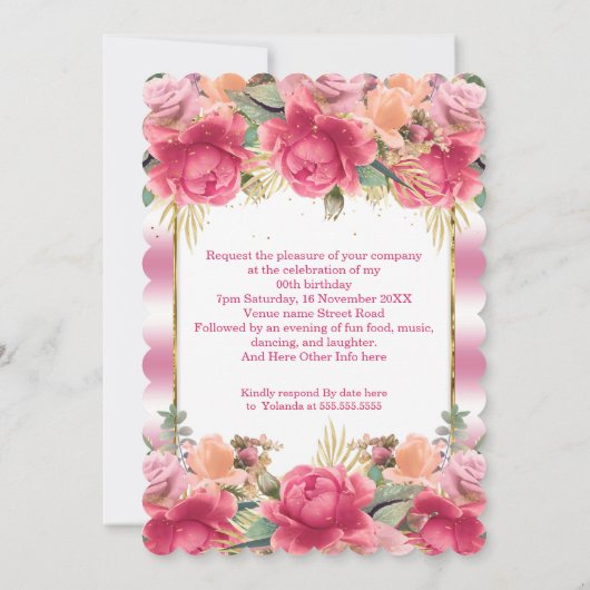 ピンクかわいらしホワイトバースデーパーティーフローラの花 招待状 (裏面)