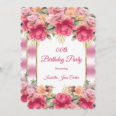 ピンクかわいらしホワイトバースデーパーティーフローラの花 招待状 (正面/裏面)