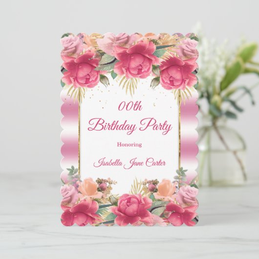 ピンクかわいらしホワイトバースデーパーティーフローラの花 招待状 (スタンド正面)