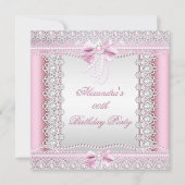 ピンクかわいらしホワイトパールレースボウバースデーパーティー 招待状 (正面)