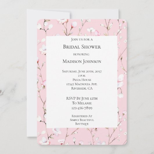 ピンクかわいらしホワイトフローラブライダルシャワー 招待状 (正面)