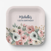 ピンクかわいらしホワイトフローラ100誕生日 ペーパープレート (正面)