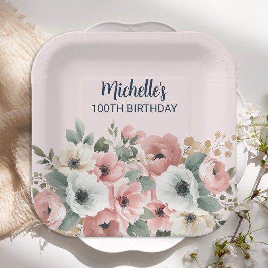 ピンクかわいらしホワイトフローラ100誕生日 ペーパープレート